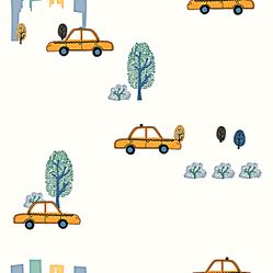 Papel de Parede Infantil Carros Bege/Amarelo Fofura Baby FF4010- Rolo Fechado com 0,53cm x 10mts